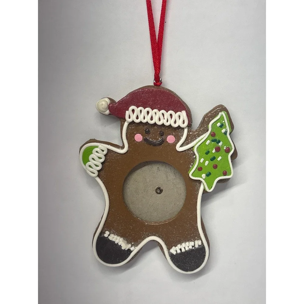 Vintage Gingerbread Man Christmas Ornament Photo Frame Santa Hat 4
